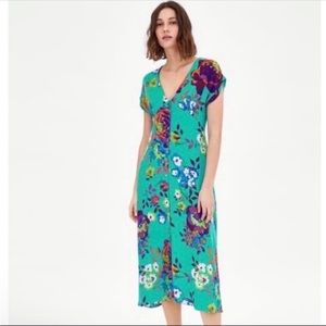 Zara Blue Short Sleeve Midi Button Down Floral Dress